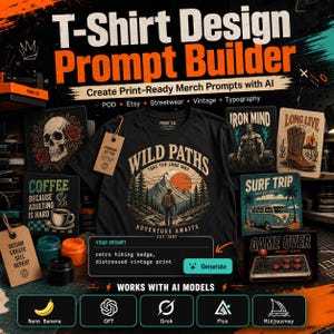 Peut inclure: Un t-shirt noir avec un graphique représentant un randonneur dans un paysage de montagne et le texte Wild Paths Take The Long Way Adventure Awaits Est. 1987. L'image inclut une interface de générateur de prompts et divers exemples de design.
