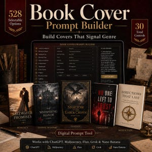May include: A digital book cover prompt builder tool displayed on a screen, featuring 528 selectable options and 30 controls. Below the screen are five book covers titled Saltwater Promises, The Whispering Manor, Shadow of the Ember Crown, No One Left to Trust, and Directions That Last.