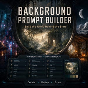Könnte beinhalten: Eine digitale Benutzeroberfläche mit dem Titel BACKGROUND PROMPT BUILDER und dem Untertitel Build the World Behind the Story. Das Display enthält 15 Prompt-Steuerelemente, 248 Optionen und ein Vorschaufenster mit einem Steinbogen.