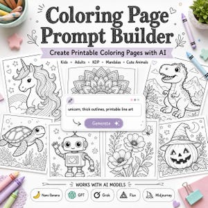 May include: A digital tool titled Coloring Page Prompt Builder featuring a central input box with the text unicorn, thick outlines, printable line art and a Generate button, surrounded by various black and white line art illustrations of a unicorn, mandala, dinosaur, turtle, robot, flowers, and a jack-o'-lantern.