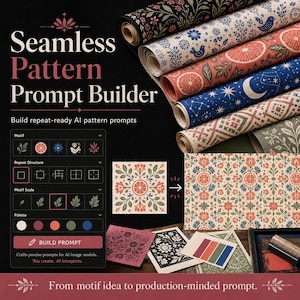 May include: A digital interface titled Seamless Pattern Prompt Builder displays options for motif, repeat structure, scale, and color palette. Rolls of fabric with floral, citrus, and celestial patterns are shown alongside printed paper samples.