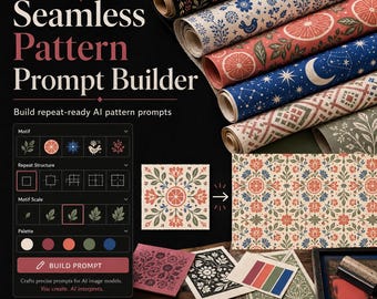 May include: A digital interface titled Seamless Pattern Prompt Builder displays options for motif, repeat structure, scale, and color palette. Rolls of fabric with floral, citrus, and celestial patterns are shown alongside printed paper samples.