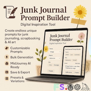 Peut inclure: Un ordinateur portable affiche l'interface "Junk Journal Prompt Builder", un outil numérique pour créer des invites pour le journalisme, le scrapbooking et l'art IA. L'interface comprend des options pour des invites personnalisables, la génération en masse et l'enregistrement/exportation. Un smartphone affiche la même interface.