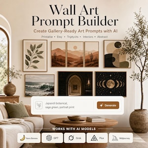 May include: A digital interface titled Wall Art Prompt Builder featuring a text input field with the text Japandi botanical, sage green, portrait print and a Generate button, displayed over a wall gallery of various framed art prints.