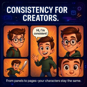 Pu&ograve; includere: Illustrazione che promuove la coerenza per i creatori. L'immagine presenta un ragazzo dei cartoni animati con capelli castani e occhiali in varie pose. Il testo include "CONSISTENCY FOR CREATORS" e "From panels to pages-your characters stay the same."