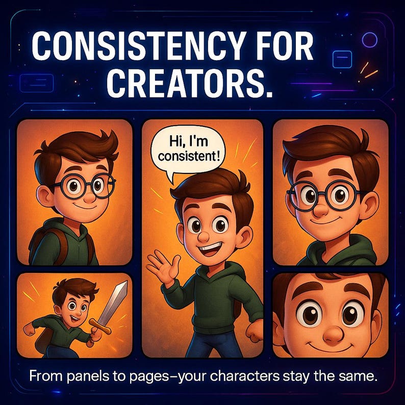 Pu&ograve; includere: Illustrazione che promuove la coerenza per i creatori. L'immagine presenta un ragazzo dei cartoni animati con capelli castani e occhiali in varie pose. Il testo include "CONSISTENCY FOR CREATORS" e "From panels to pages-your characters stay the same."