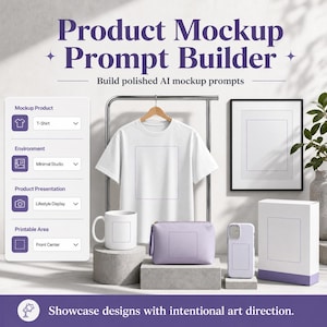 Könnte beinhalten: Eine digitale Benutzeroberfläche mit dem Titel Product Mockup Prompt Builder zeigt ein weißes T-Shirt auf einem Kleiderbügel, eine Tasse, eine Tasche, eine Handyhülle und eine Schachtel. Jedes Objekt hat ein gepunktetes Quadrat. Der Text lautet Build polished AI mockup prompts.
