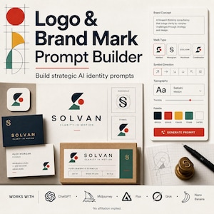 Könnte beinhalten: Eine digitale Benutzeroberfläche mit dem Titel Logo & Brand Mark Prompt Builder, die eine Solvan-Markenidentität mit geometrischem Logo, Visitenkarten, einer Produktbox und einem Design-Panel zeigt. Farbpalette in Dunkelblau, Rot, Gelb und Grün.
