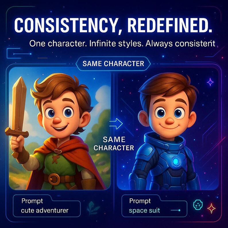 Pu&ograve; includere: Illustrazione che mostra la coerenza di un personaggio. Un ragazzo dei cartoni animati &egrave; raffigurato in due stili: un simpatico avventuriero con una spada di legno e una tuta spaziale. Il testo recita: "CONSISTENCY, REDEFINED."