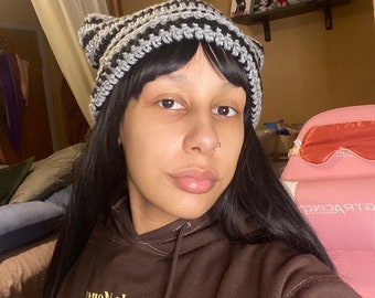 Custom Oversized Cat Ear Beanie - Crocheted Stripe Kitty Ear Hat