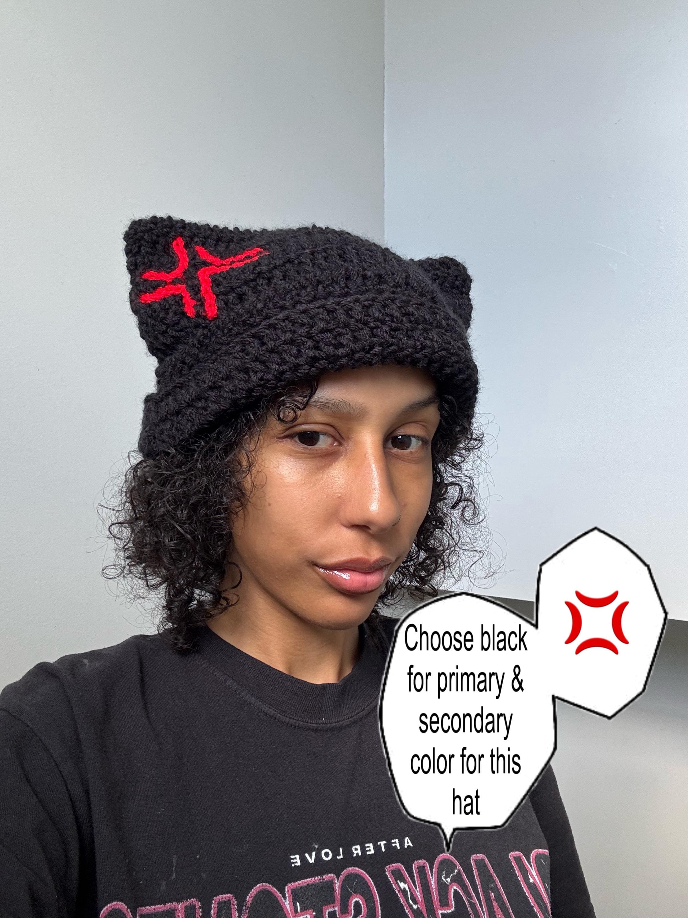 Anime Angry Expression Cat Ear Beanie Custom Crochet Kitty Ear Hat