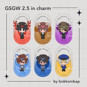 May include: Six character charms in oval frames, each depicting a cartoon character with animal features, wearing a suit. The charms include text in Korean and English, with the words "Daydream Inc." and "SDM Bureau".
