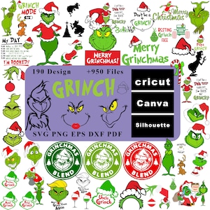 May include: A selection of digital Grinch designs featuring illustrations, text, and festive elements. Available in SVG, PNG, EPS, DXF, and PDF formats, compatible with Cricut, Canva, and Silhouette. The image includes the text "Merry Grinchmas!" and various Grinch-related phrases.