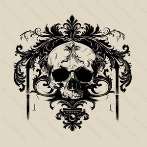 May include: A black and white illustration of a skull with intricate floral designs surrounding it. The skull is detailed with a prominent nose, eye sockets, and teeth.
