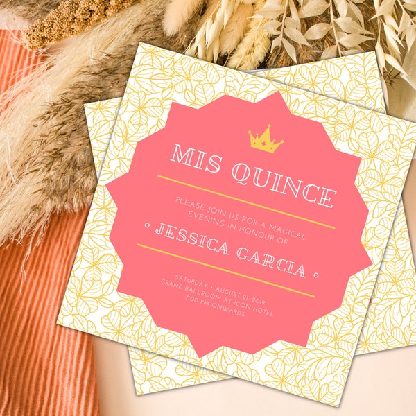 Gold and Coral Lace Floral Quinceañera Invitation - Elegant Customizable Card