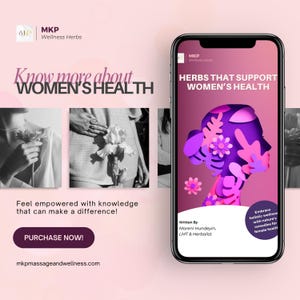 May include: A pink and purple graphic design of a woman's silhouette made of flowers. The text "HERBS THAT SUPPORT WOMEN'S HEALTH" is on the graphic. The text "Written By Moreni Hundeyin, LMT & Herbalist" is below the graphic. The text "Embrace holistic wellness with nature's remedies for female health" is on the right side of the graphic.