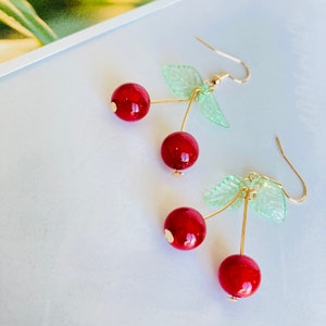 Cherry earrings dangle, red fruit earrings, dangle hooked earrings, summer earrings Gift for her
