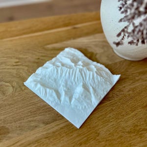 May include: A white, textured, three-dimensional mountain range model. The miniature landscape is square-shaped and sits on a wooden surface. A white vase with decorative branches is in the background.