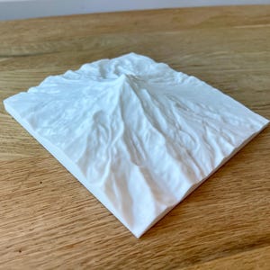 May include: A white, rectangular relief sculpture of a mountain range. The sculpture has a detailed, textured surface with peaks and valleys. The piece is displayed on a wooden surface.
