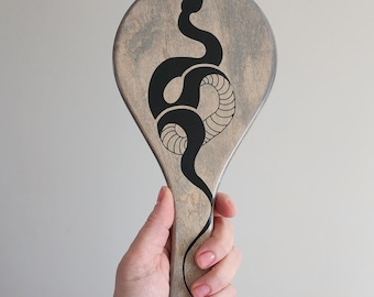Spiked Hand Mirror Paddle - Serpent Inlay with Fangs - Black