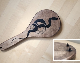 Spiked Hand Mirror Paddle - Serpent Inlay with Fangs - Black