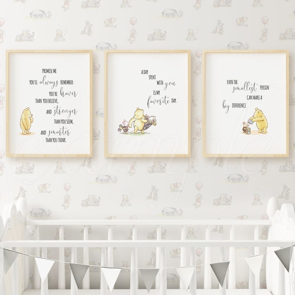 Winnie the Pooh Nursery, Set of 3 Quote Prints Wall Art Decor Classic Pooh Picture Gift W06