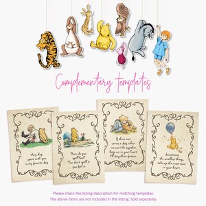 Puede incluir: Cuatro tarjetas imprimibles con Winnie de Pooh y sus amigos con citas del libro. Las tarjetas son beige con bordes negros y presentan un dise&ntilde;o de remolino decorativo. Las citas son: "Cualquier d&iacute;a que pase contigo es mi d&iacute;a favorito", "&iquest;C&oacute;mo se escribe amor? No se escribe, se siente", "Si alguna vez llega el d&iacute;a en que no podamos estar juntos, gu&aacute;rdame en tu coraz&oacute;n, me quedar&eacute; all&iacute; para siempre", y "A veces las cosas m&aacute;s peque&ntilde;as ocupan el mayor espacio en tu coraz&oacute;n."