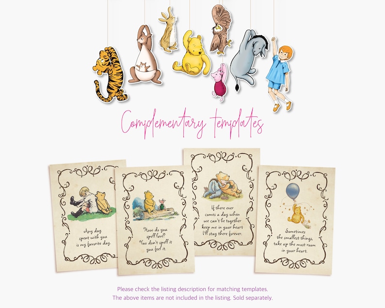 Puede incluir: Cuatro tarjetas imprimibles con Winnie de Pooh y sus amigos con citas del libro. Las tarjetas son beige con bordes negros y presentan un dise&ntilde;o de remolino decorativo. Las citas son: "Cualquier d&iacute;a que pase contigo es mi d&iacute;a favorito", "&iquest;C&oacute;mo se escribe amor? No se escribe, se siente", "Si alguna vez llega el d&iacute;a en que no podamos estar juntos, gu&aacute;rdame en tu coraz&oacute;n, me quedar&eacute; all&iacute; para siempre", y "A veces las cosas m&aacute;s peque&ntilde;as ocupan el mayor espacio en tu coraz&oacute;n."