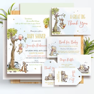 Winnie the Pooh Baby Shower Invitations, Party Decoration Template A05