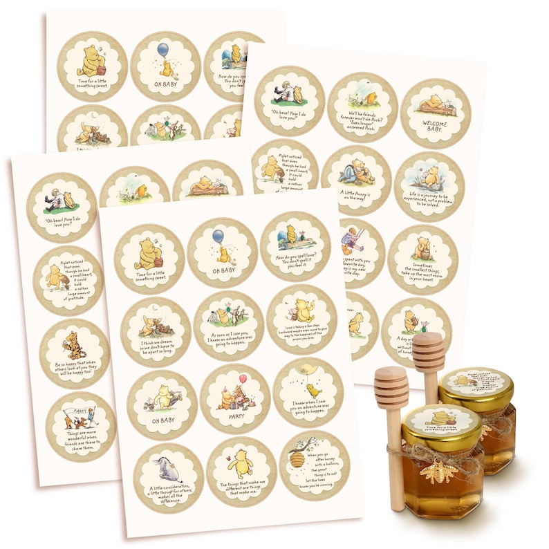 Classic Winnie the Pooh Sticker Pack 48 Pcs Baby Shower Decorations Pooh Label Set bild 1