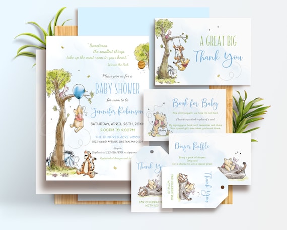 Winnie the Pooh Baby Shower Boy Set, Pooh Bear Party Decorations, Printable Invitation Template A03
