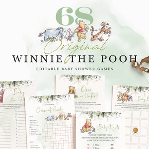 Winnie de Poeh babyshowerspellen, 68 spelkaarten, groenfeestsjablonen, afdrukbare A01