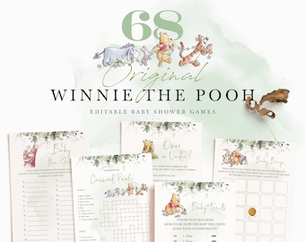 Winnie the Pooh Baby Shower Games, 68 Game Cards, Greenery Party Templates, Printable A01
