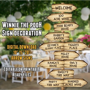 36 segnali di direzione, decorazione per feste di Winnie the Pooh, file pronti per la stampa con download immediato da 10", 15", 20"