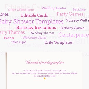 Puede incluir: Una nube de palabras rosa y morada con el texto "Baby Shower Templates", "Birthday Invitations", "Wedding Invites", "Party Games", "Centerpieces", "Evite Templates", "Party Themes", "Welcome Signs", "Table Signs", "Nursery Wall Arts", "Birthday Games", "Editable Cards", "Quotes", "Other Celebrations", "Backdrop". El texto "Thousands of matching templates" est&aacute; debajo de la nube de palabras.