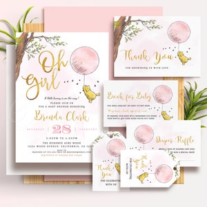 Classic Winnie the Pooh Baby Shower Invitations, Girl Party Decoration Template, Printable