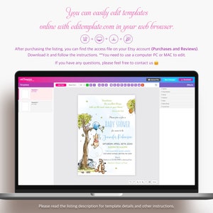 Puede incluir: Una pantalla de computadora port&aacute;til que muestra una plantilla de invitaci&oacute;n de baby shower con un tema de Winnie the Pooh. La invitaci&oacute;n presenta una ilustraci&oacute;n de dibujos animados de Winnie the Pooh y sus amigos en un entorno de bosque. El texto de la invitaci&oacute;n dice "Por favor, &uacute;nase a nosotros para una baby shower para la futura mam&aacute; Jennifer Robinson".