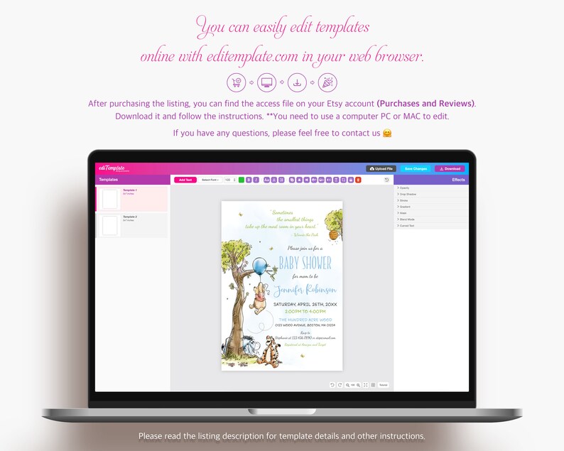Puede incluir: Una pantalla de computadora port&aacute;til que muestra una plantilla de invitaci&oacute;n de baby shower con un tema de Winnie the Pooh. La invitaci&oacute;n presenta una ilustraci&oacute;n de dibujos animados de Winnie the Pooh y sus amigos en un entorno de bosque. El texto de la invitaci&oacute;n dice "Por favor, &uacute;nase a nosotros para una baby shower para la futura mam&aacute; Jennifer Robinson".