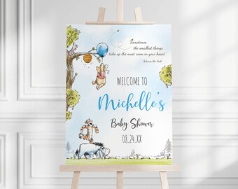 Nalle Puh välkomstskylt, pojke babyshower dekoration affisch mall A03