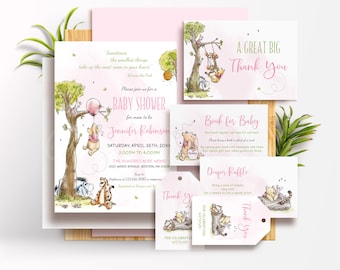 Nalle Puh-flicka babyshowerinbjudningar set NYA mallar A04