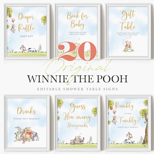 Set of 20 Winnie the Pooh Table Sign, Party Decorations Gender Neutral, Red Balloon Printable Centerpiece Bundle A05