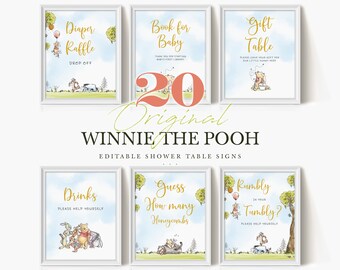 Könnte beinhalten: Druckbare Winnie Puuh Babyparty-Tischschilder. Die Schilder zeigen Illustrationen von Winnie Puuh und seinen Freunden. Die Schilder beinhalten Titel wie "Windel-Tombola", "Buch für Baby", "Geschenktisch", "Getränke", "Erraten Sie, wie viele Honigwaben", und "Rumbly in Your Tumbly?"