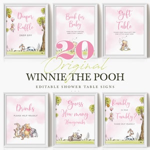 Winnie de Poeh-tafelbordset, feestdecoraties voor meisjes, roze afdrukbare middenstukbundel A04