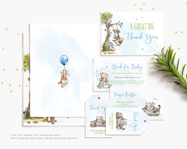 Puede incluir: Un conjunto de tarjetas imprimibles para una baby shower de Winnie the Pooh. Las tarjetas son azules y verdes con fondos de acuarela. Las tarjetas incluyen una tarjeta de agradecimiento, una tarjeta de libro para beb&eacute;, una tarjeta de rifa de pa&ntilde;ales y una etiqueta de favor. El texto en las tarjetas dice "Un gran agradecimiento", "Libro para beb&eacute;", "Rifa de pa&ntilde;ales" y "Gracias".