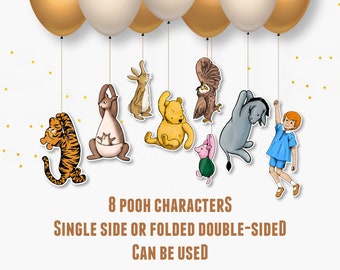 Classic Winnie the Pooh Hanging Characters, Baby Shower Decorations, Cutout Die Cut Prop, Holding Balloon Birthday Party