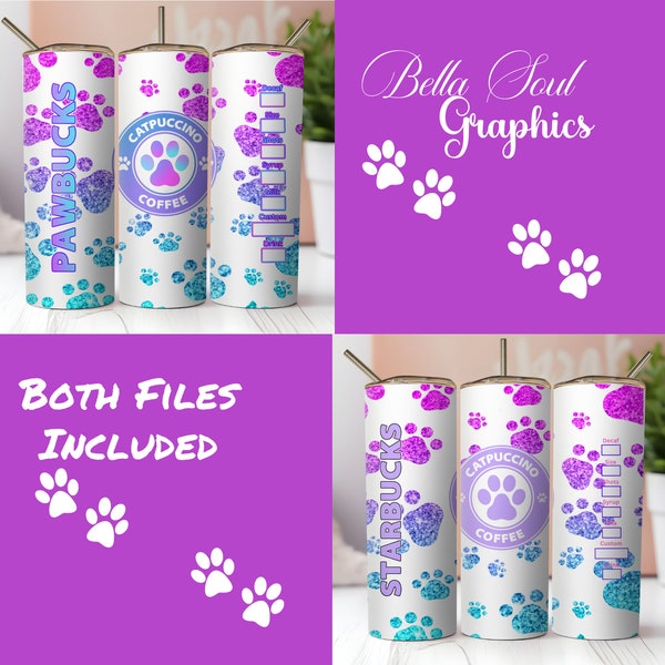 2 PNG PawBucks Catpuccino Coffee.  Gradient Pastel Paw Collage With Star bucks Logo. Sublimation Digital Tumbler Wrap Download, 20oz Skinny