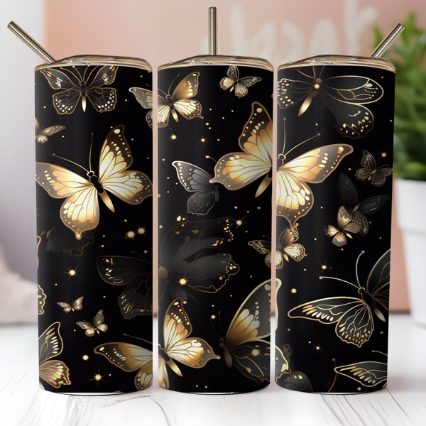 Gold Butterflies on Black Background. Seamless Sublimation Digital Download, 20oz SkinnyTumbler File Design, Tumbler Wrap