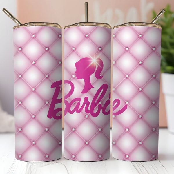 Barb PNG 3D Puffed Design.Pink Tufted Diamond Background & Barbie Silhouette.Seamless Sublimation Digital Wrap Download,20oz SkinnyTumbler