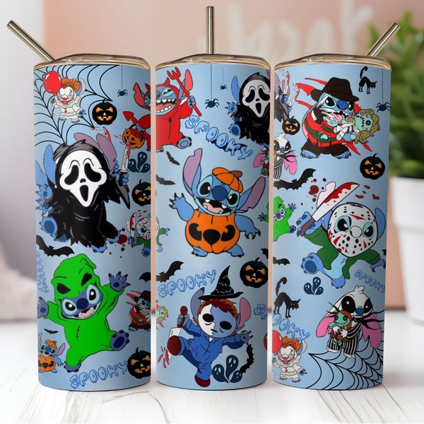 PNG Stitch Halloween Costume. 20oz Sublimation Tumbler Wrap. Stitch Halloween Trick Or Treat Spooky Vibes,Stitch Horror Friends Tumbler Wrap