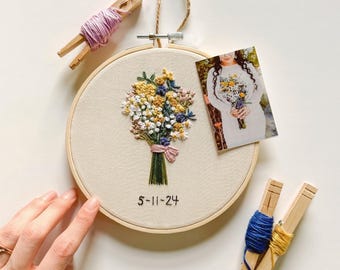 Custom Embroidered Wedding Bouquet Keepsake | Bridal Bouquet Embroidery Hoop | Personalized Wedding Gift | 2nd Anniversary Cotton Keepsake